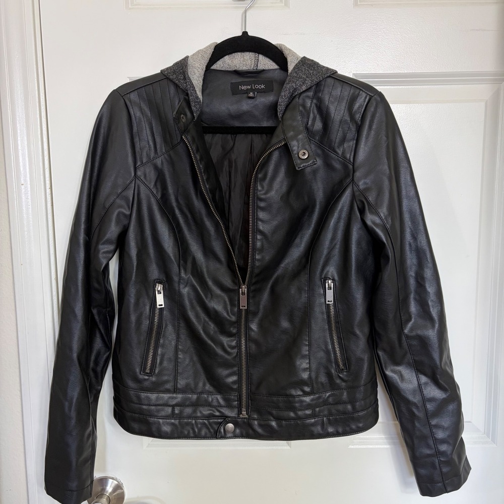 New Look Womens Black Faux Leather Moto Biker Jacket with Grey Hood Size M